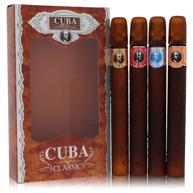 Cuba Gold by Fragluxe Gift Set -- Cuba Variety Set includes All Four 1.15 oz Sprays, Cuba Red, Cuba Blue, Cuba Gold and Cuba Orange For Men
