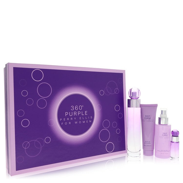 Perry Ellis 360 Purple by Perry Ellis Gift Set -- 3.4 oz Eau De Parfum Spray + .25 oz Mini EDP Spray + 4 oz Body Mist Spray + 3 oz Shower Gel For Women