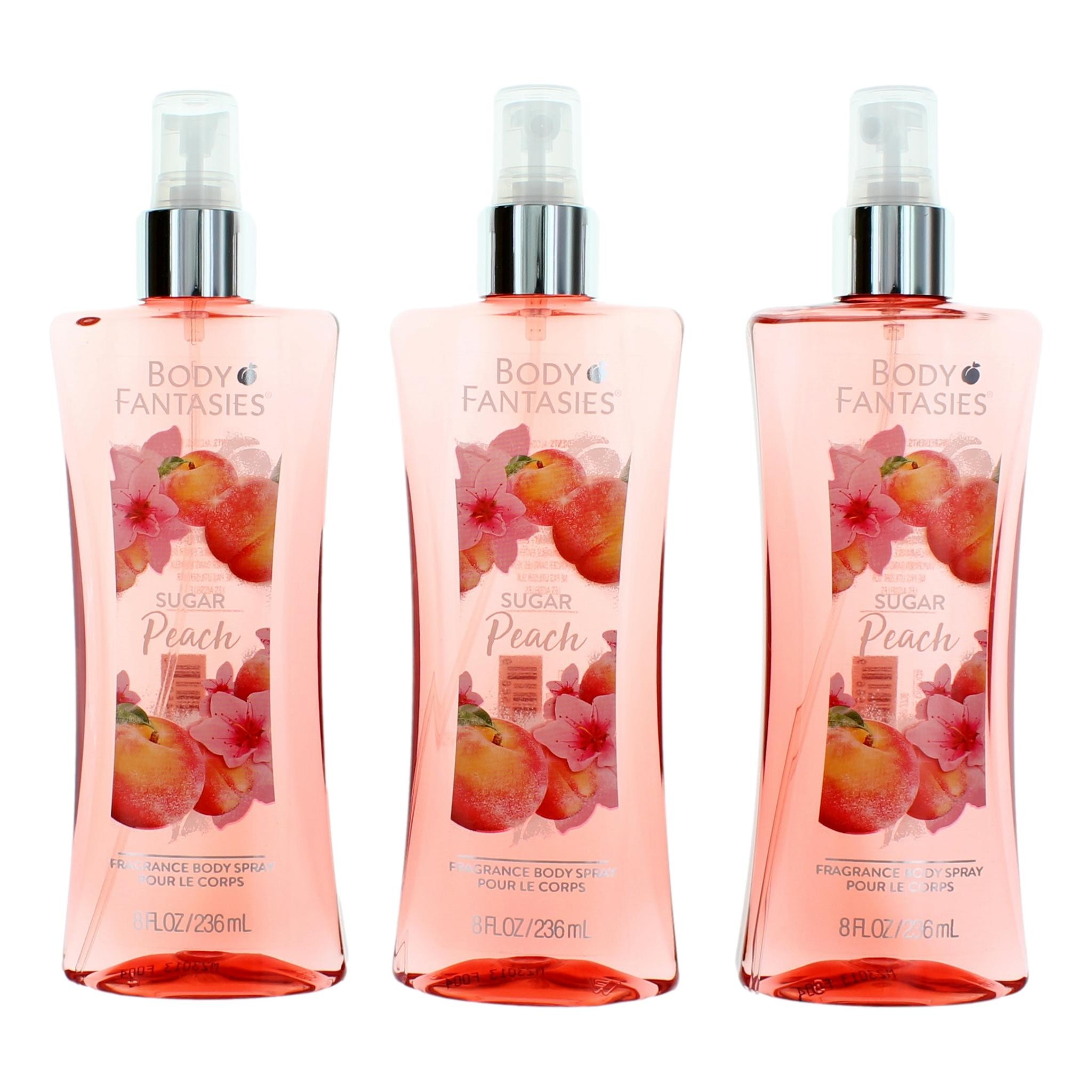 Sugar Peach by Body Fantasies 3 Pack 8 oz Fragrance Body Spray for Women